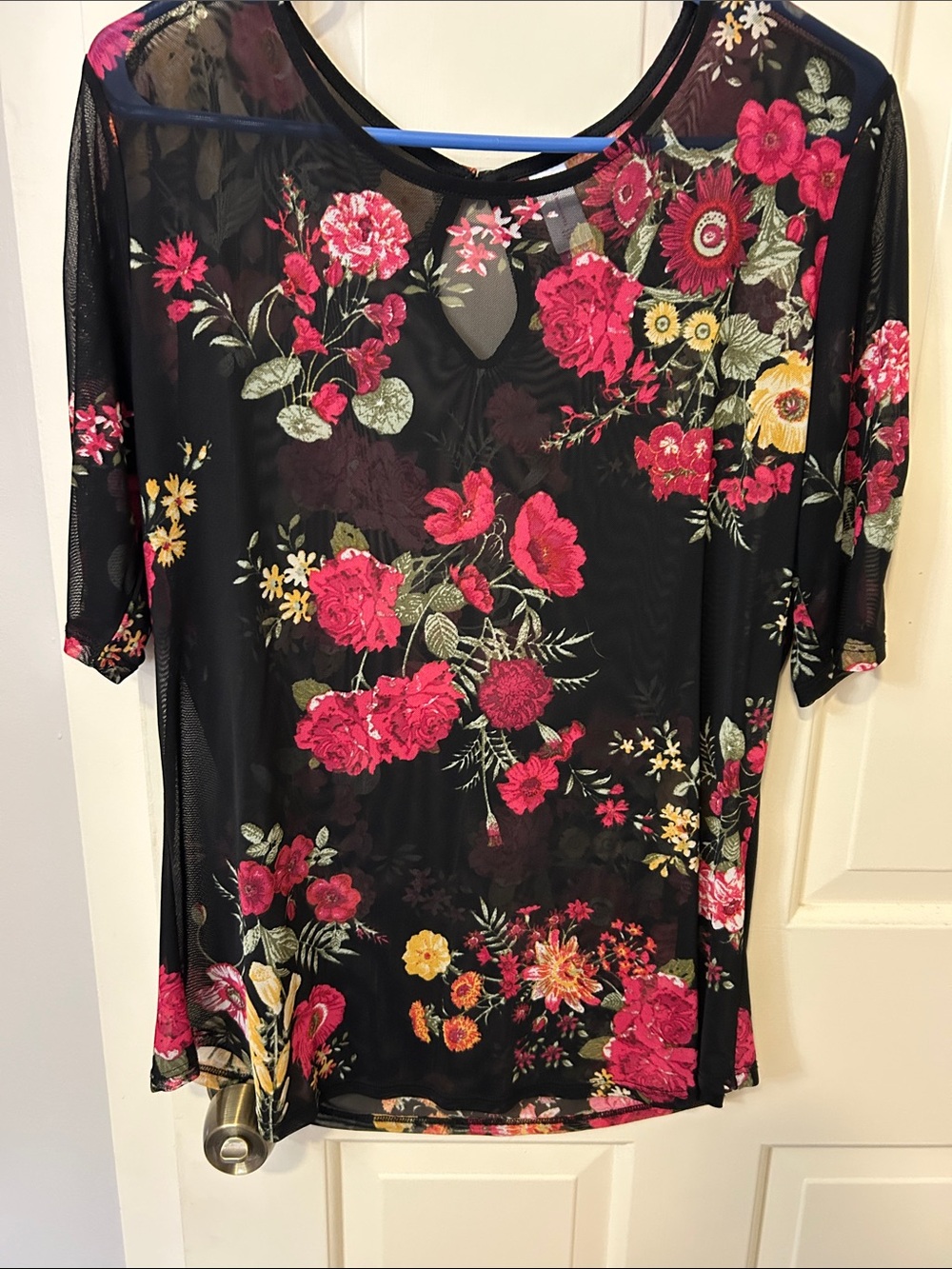 No Boundaries Black Mesh Short Sleeve Top with Pink & Yellow Floral Print
